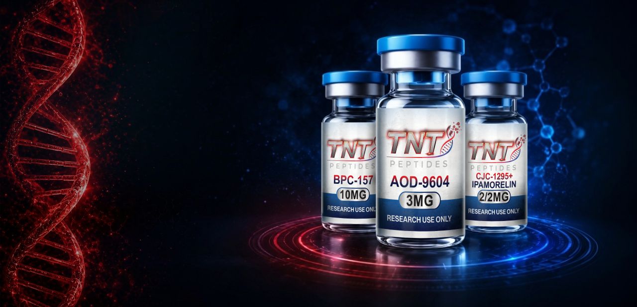 Three TNT Peptides research vials displayed between red and blue molecular graphics