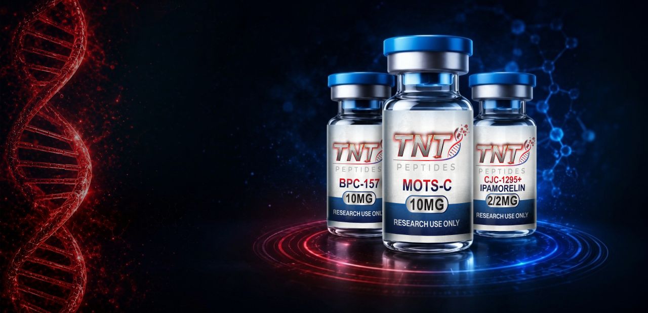 Three TNT Peptides research vials displayed between red and blue molecular graphics